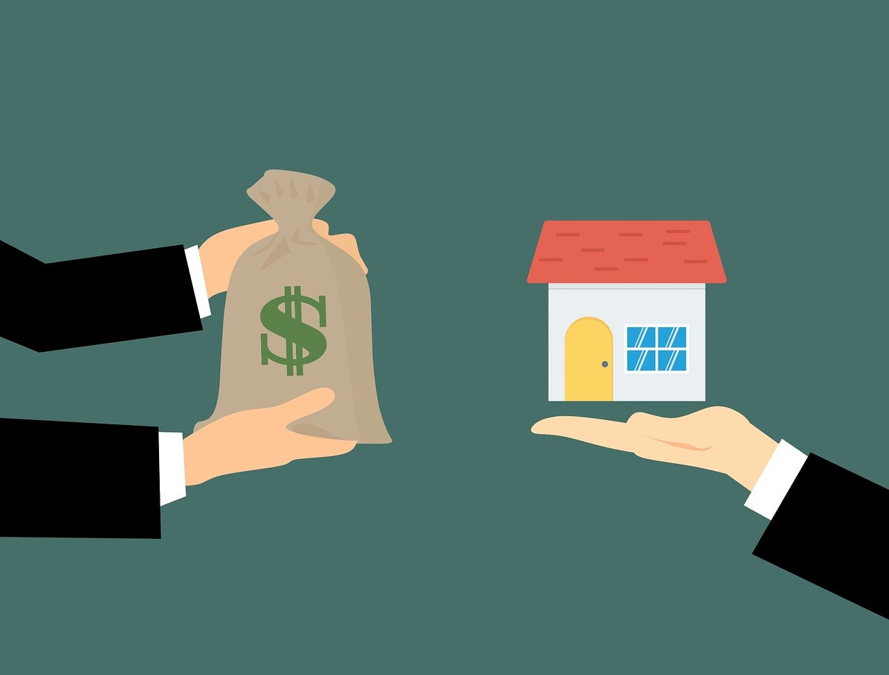 Imagem cartunesca com uma mão com uma casa e duas mãos com uma sacola de dinheiro, realizando uma troca, representando o Direito Imobiliário.